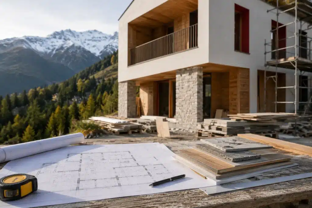 Tavolo con progetto architettonico davanti a un cantiere di ristrutturazione