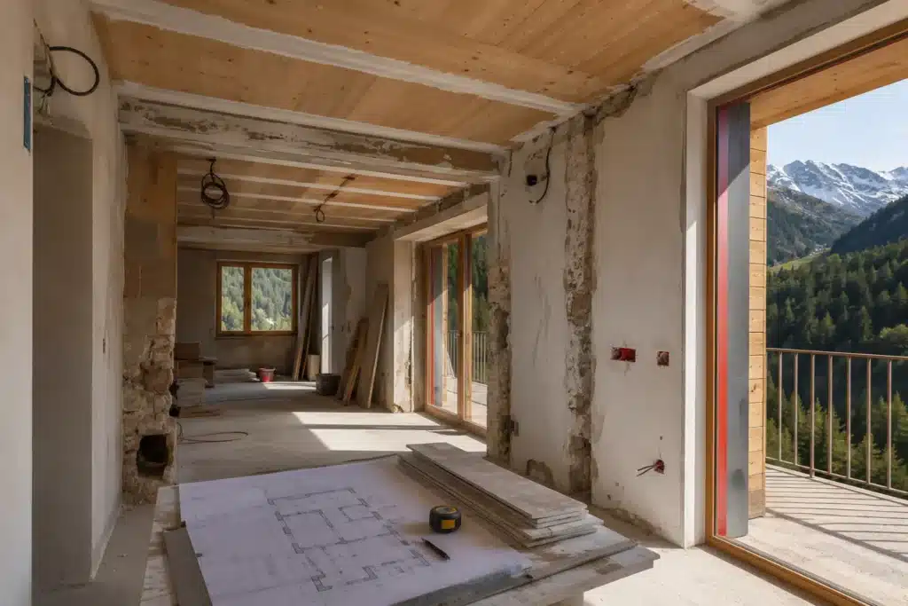 Interno di una casa durante la ristrutturazione con opere in corso e progetto sul tavolo