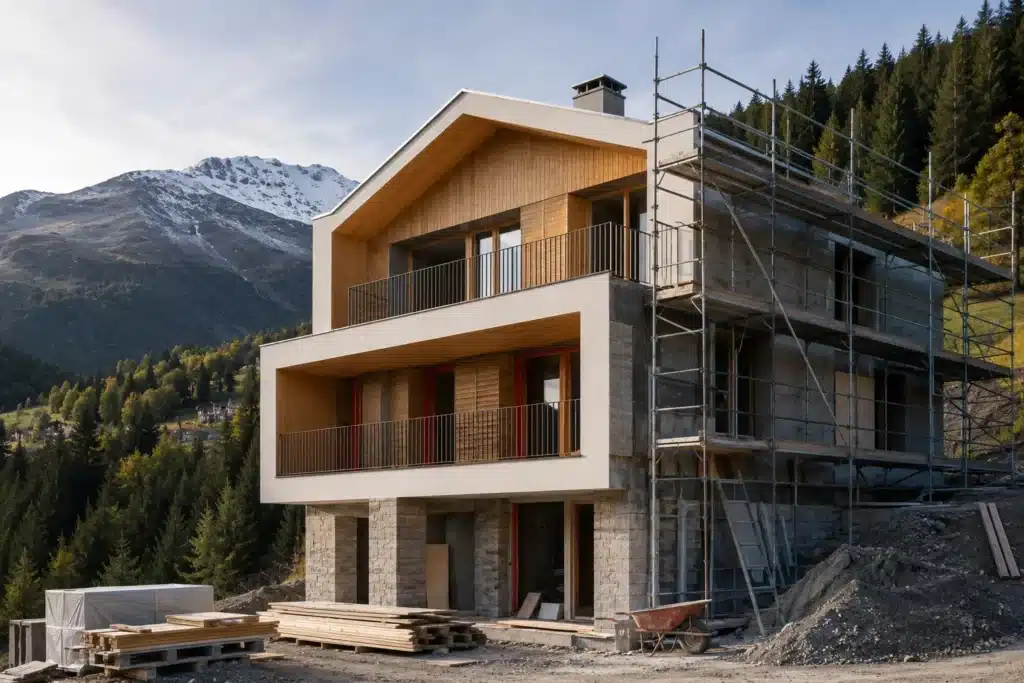 Cantiere di una casa in ristrutturazione con ponteggi e progetto ben organizzato