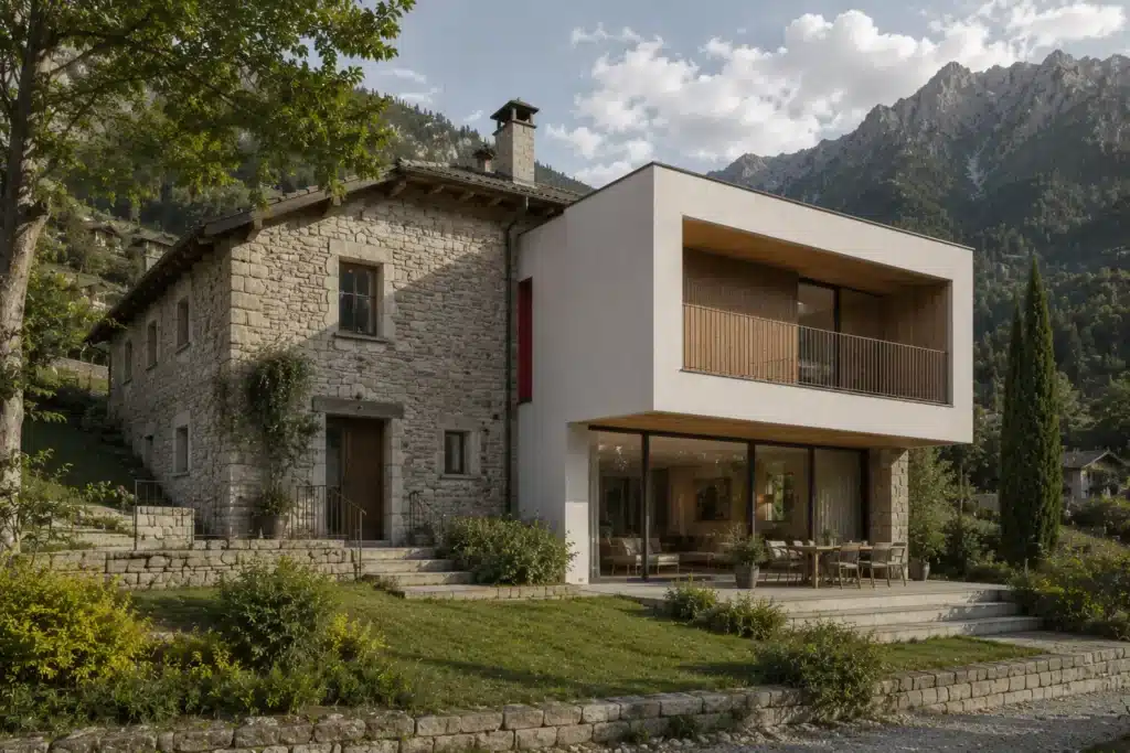Ristrutturazione di una casa in pietra con ampliamento moderno