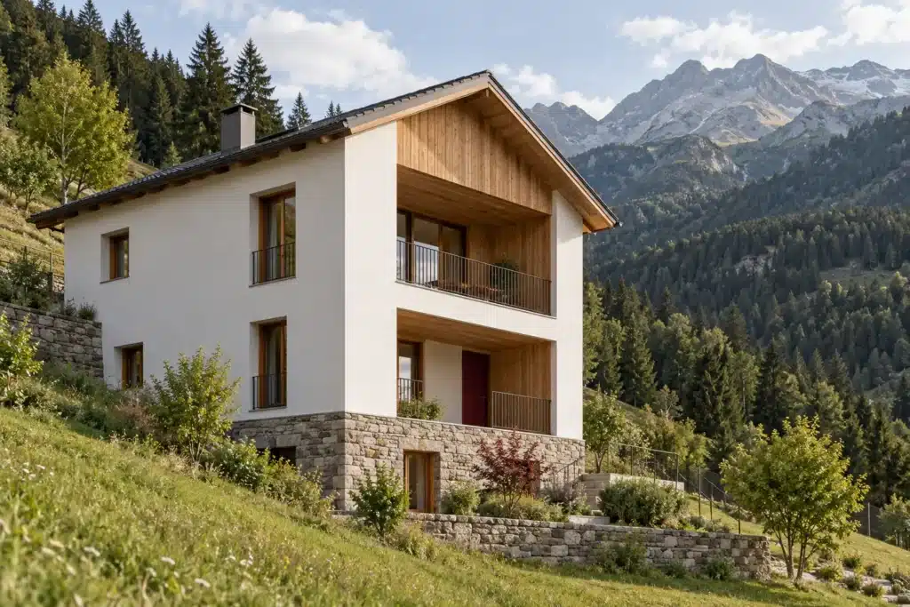 Casa recuperata con intonaco chiaro, loggia in legno e dettagli in pietra