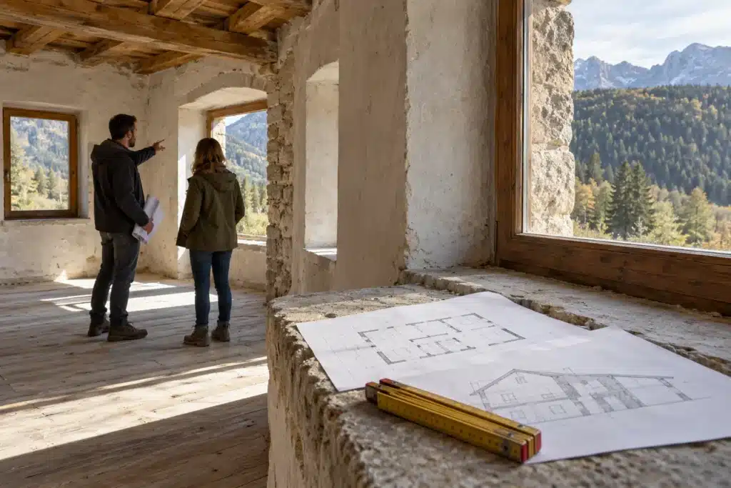 Valutazione degli spazi e dei disegni preliminari in una casa da recuperare