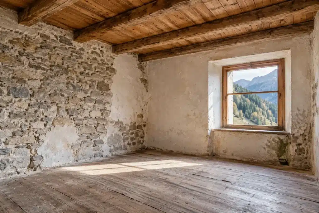Travi e murature di una casa da esaminare prima dell’acquisto